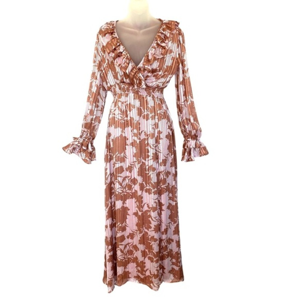 Lulus Exquisite Attention Lilac Floral Print Ruffled Long Sleeve Maxi Dress Sz S